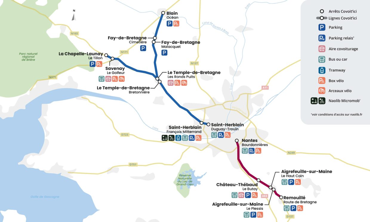 Cartographie de la ligne de covoiturage entre Remouillé et Nantes