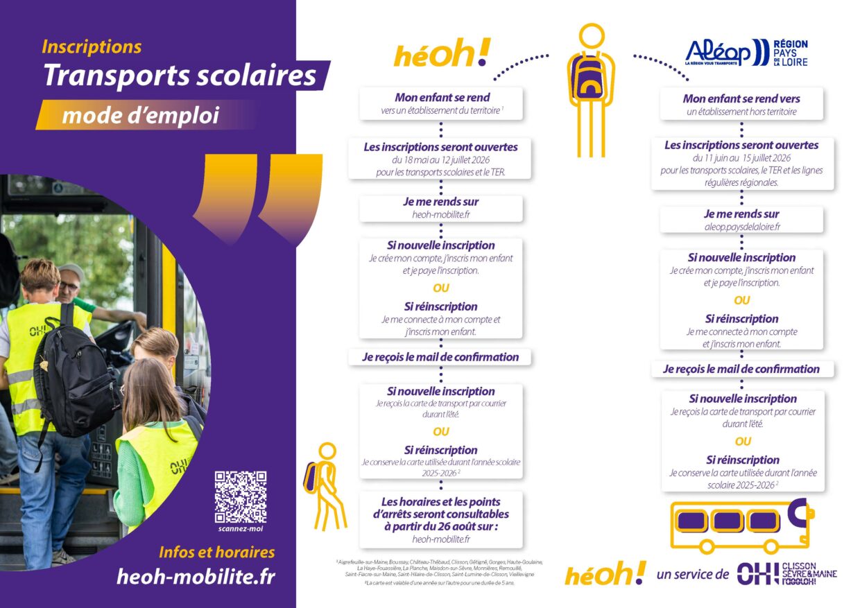 Image : Transports scolaires 2026-2027 : mode d'emploi des inscriptions pour le service héoh ! de Clisson Sèvre et Maine Agglo et Aléop, Région Pays de la Loire